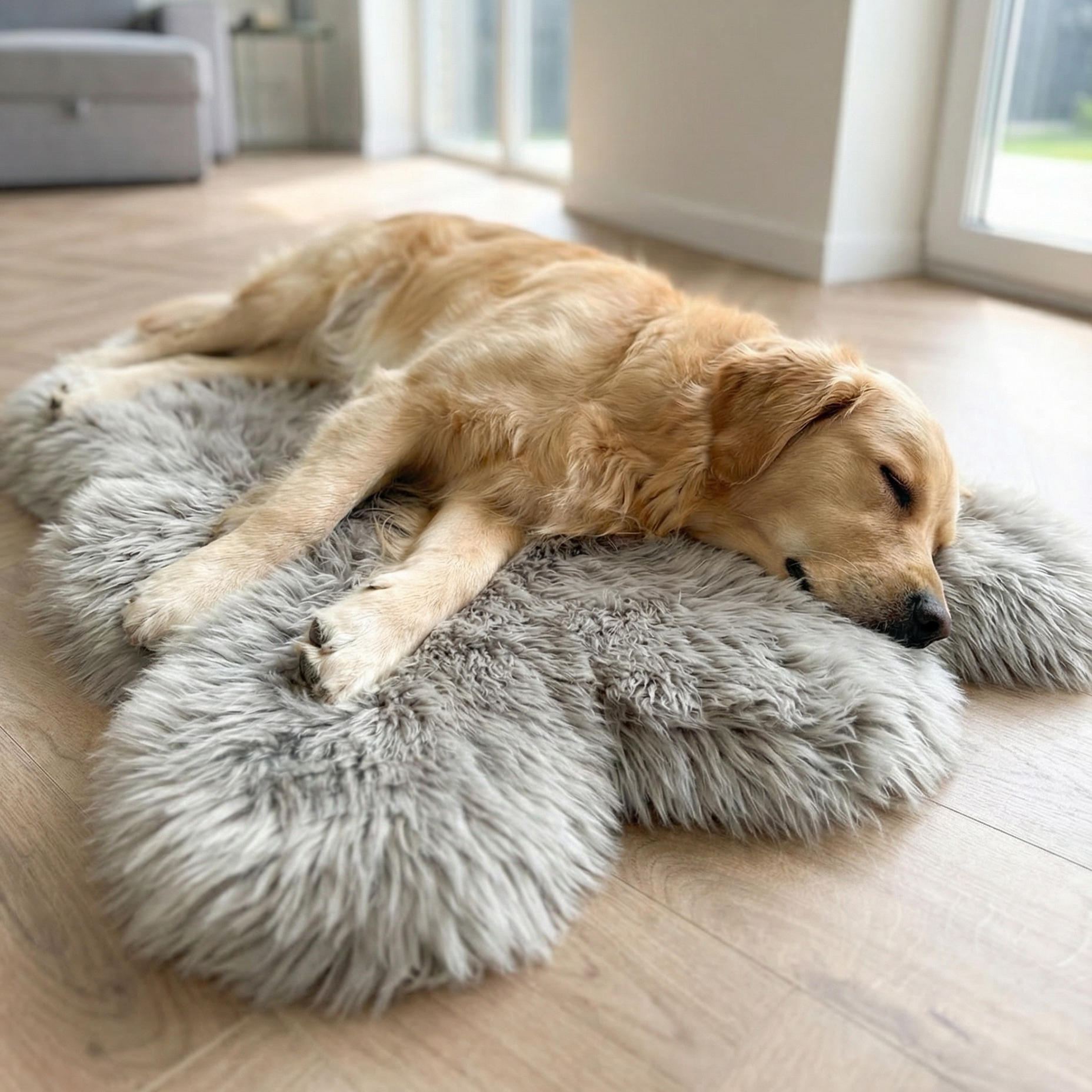 Dog sleeping on a fluffy gray pet bed in a bright room with large windows.