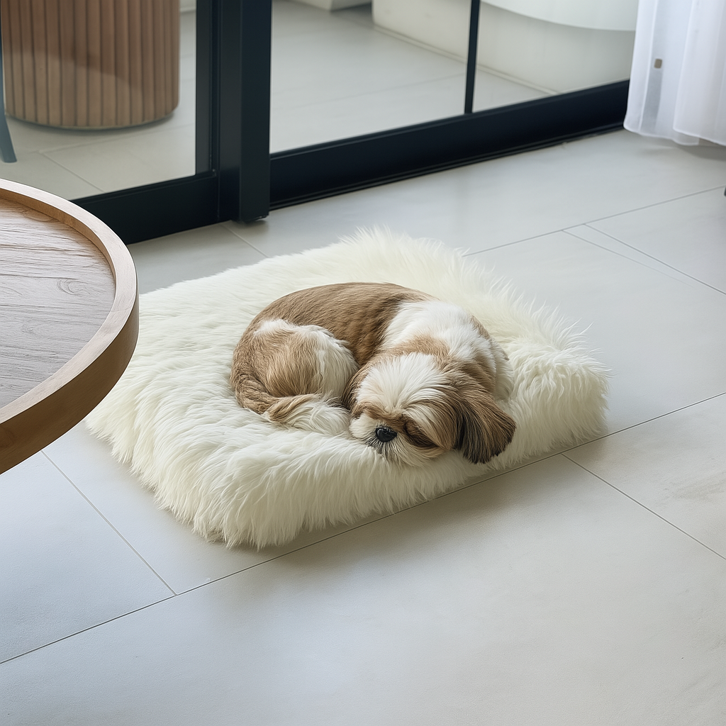 Dog lying on a fluffy white pet bed in a modern indoor setting