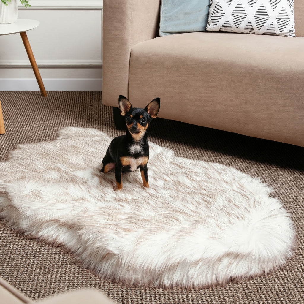 Small dog standing on a fluffy white rug in a living room.