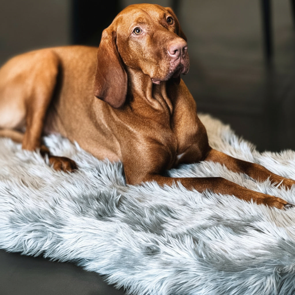 Brown dog lying on a fluffy gray rug