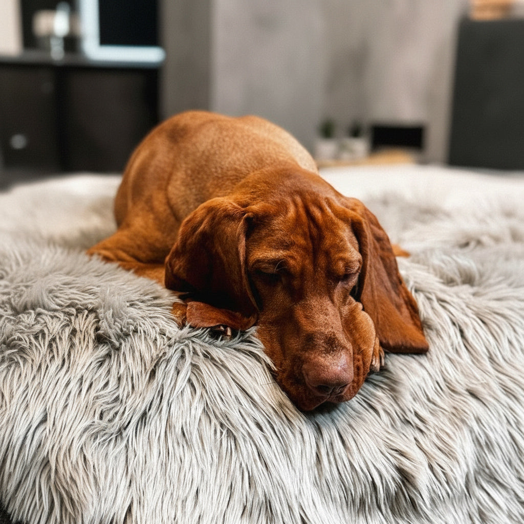 Brown dog sleeping on a fluffy gray rug in a room.