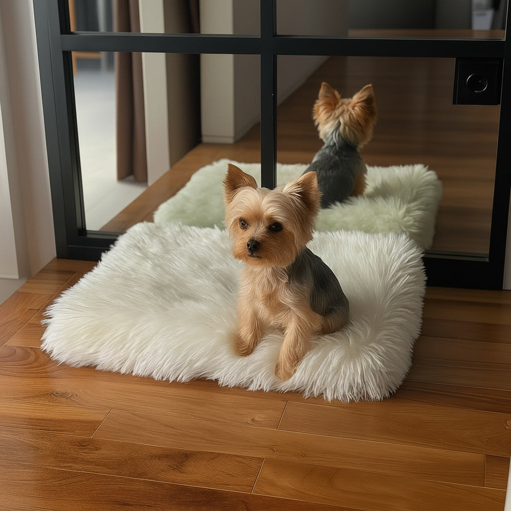 small dog on fluffy white pet bed in a home setting.