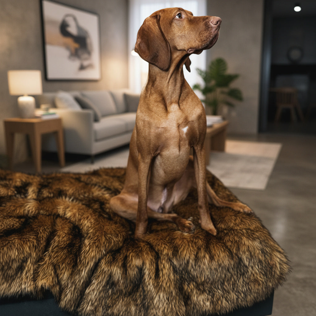 Brown dog sitting on a fluffy brown rug in a living room.