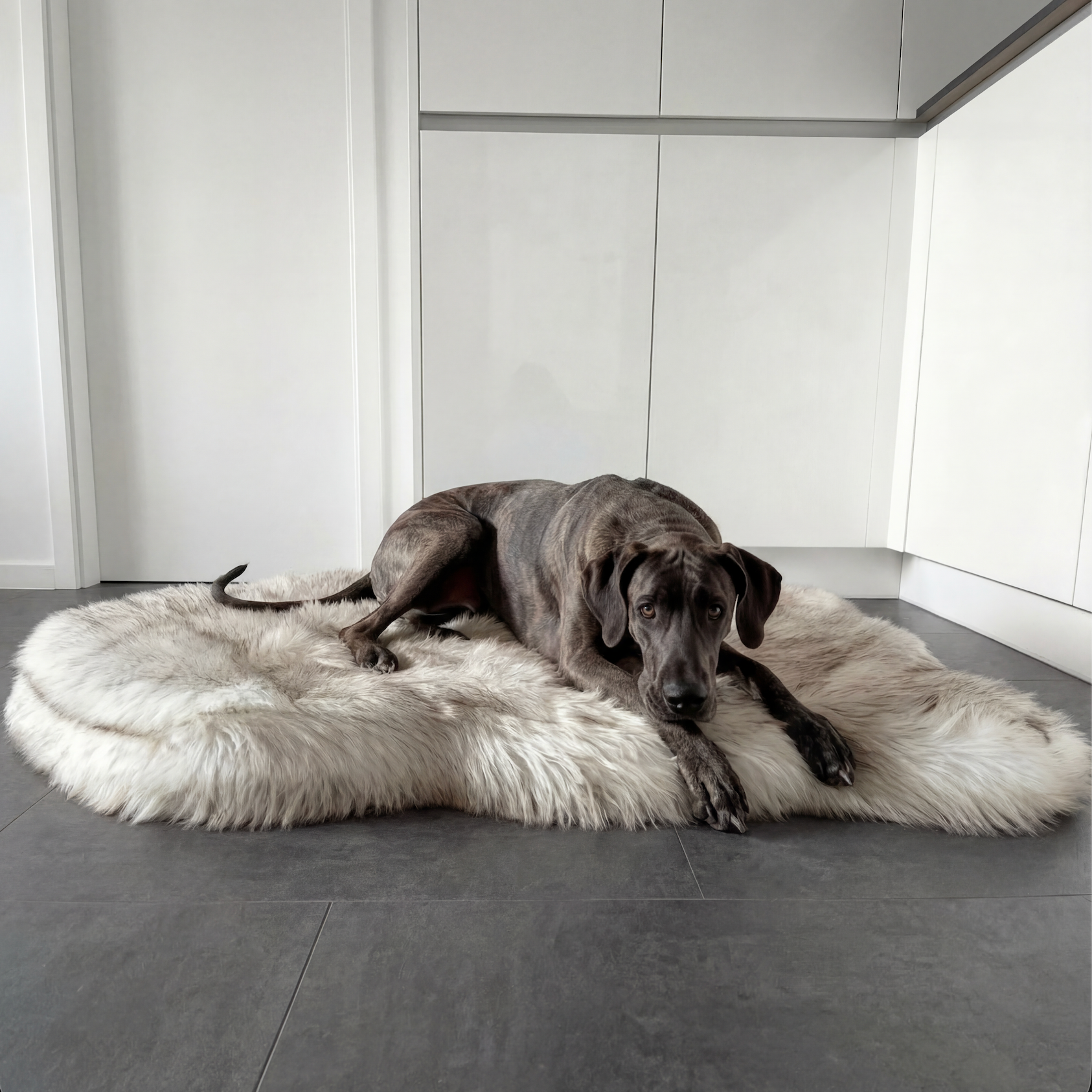 Dog lying on a fluffy white pet bed in a minimalistic room.