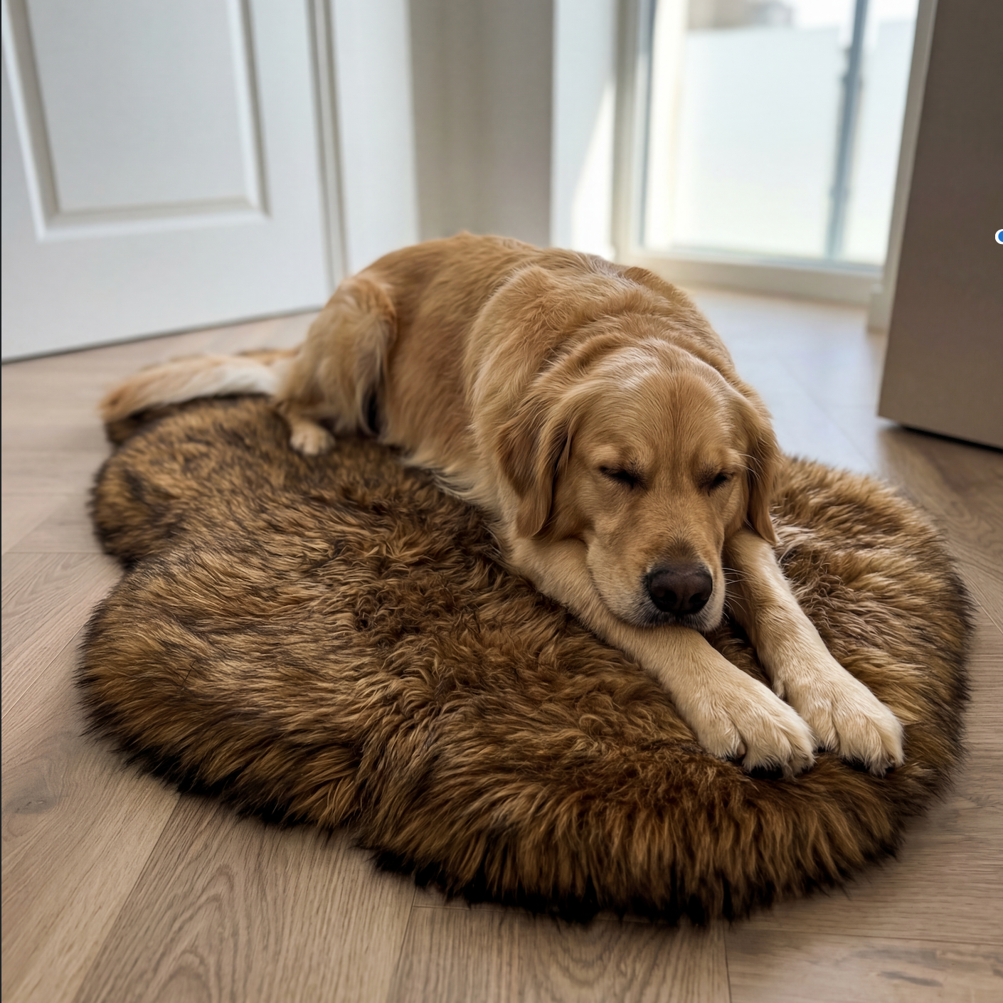 Dog resting on a fluffy brown pet bed indoors.