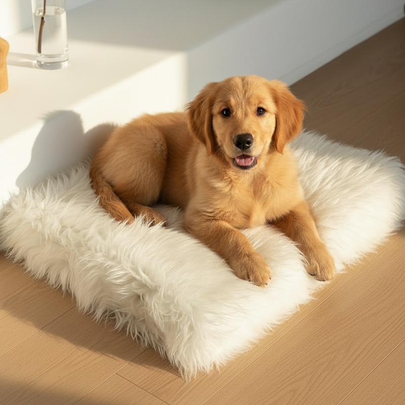 Dog lying on a fluffy white rug in a bright room with a vase and plant in the background.