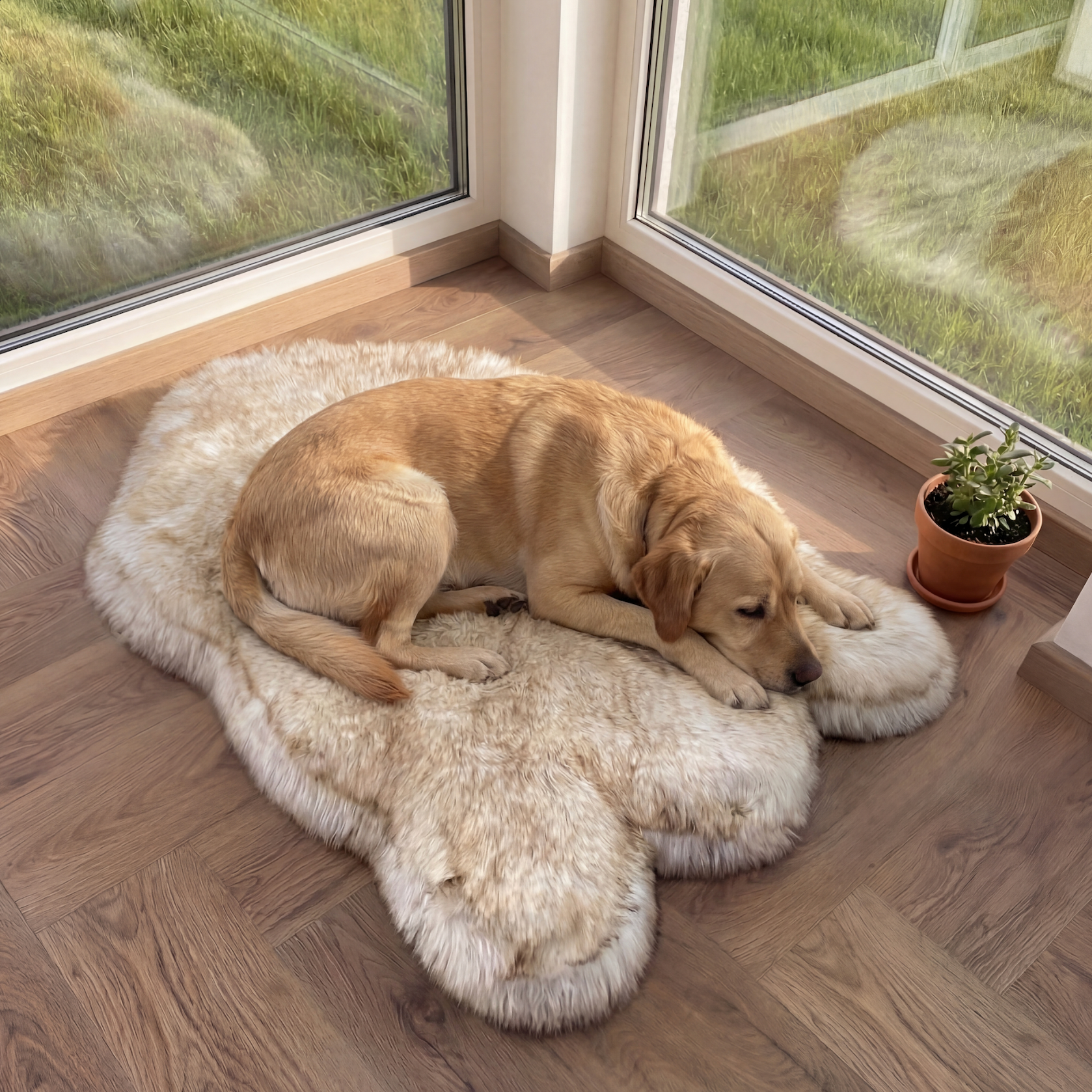 Dog lying on a fluffy white rug in a room with large windows and a potted plant.
