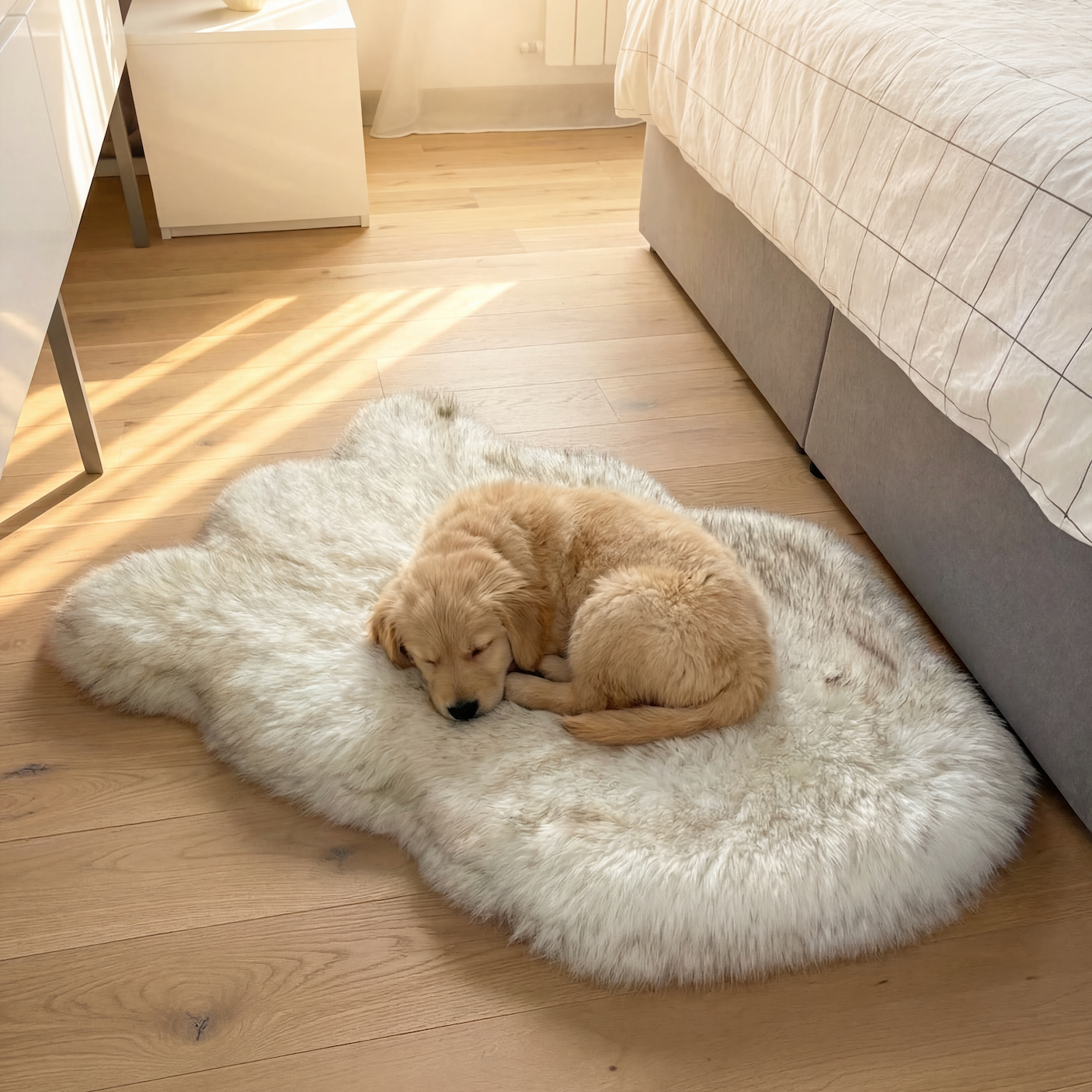 Dog lying on a fluffy white rug in a bedroom