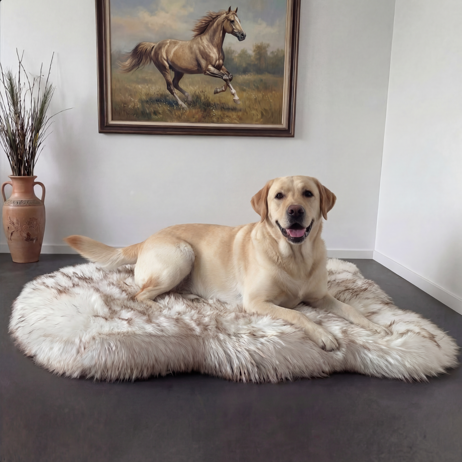Dog lying on a fluffy rug with a painting of a horse in the background