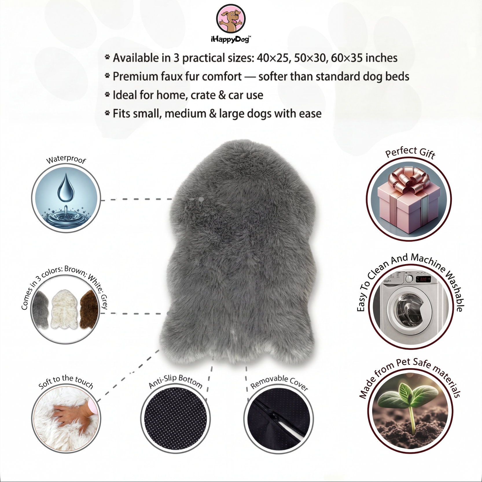 Gray faux fur dog bed with features listed on a white background