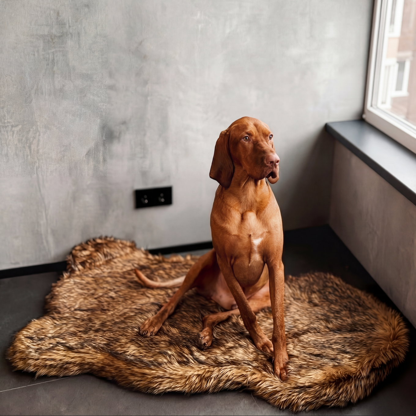 Dog sitting on a fur rug in a room with a window and concrete wall.
