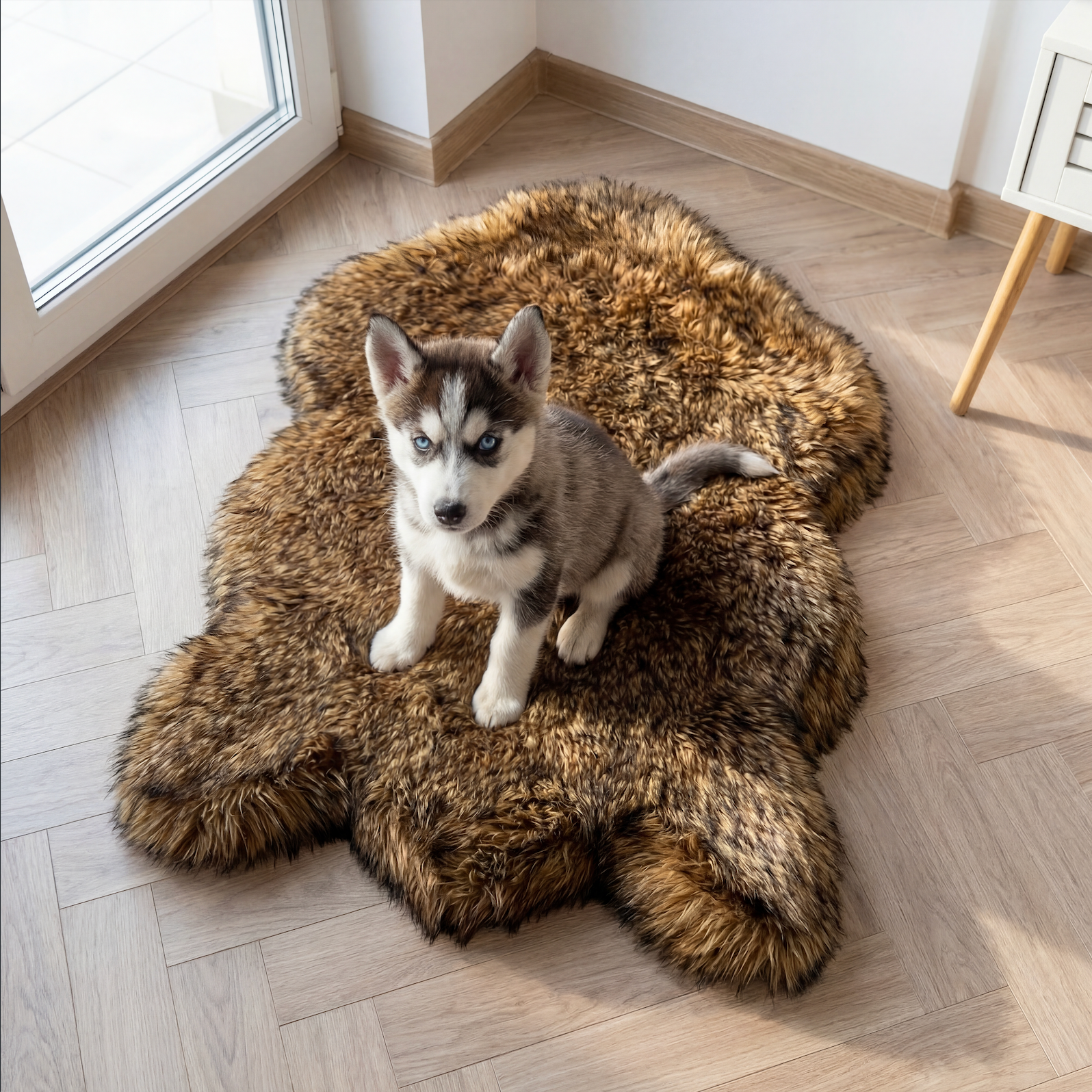 Puppy sitting on a fluffy brown rug in a room with a window and wooden floor.
