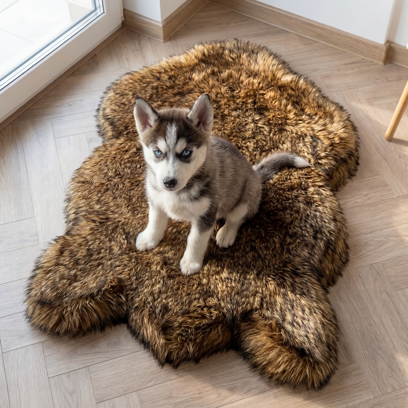 Puppy sitting on a fluffy brown rug in a room with a window and wooden floor.