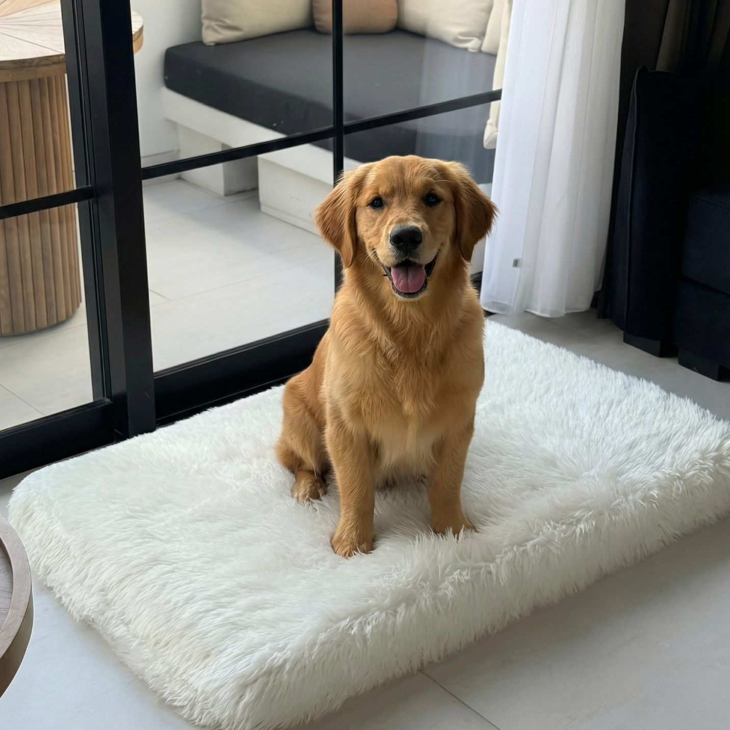 Golden retriever sitting on a fluffy white rug in a modern indoor setting.