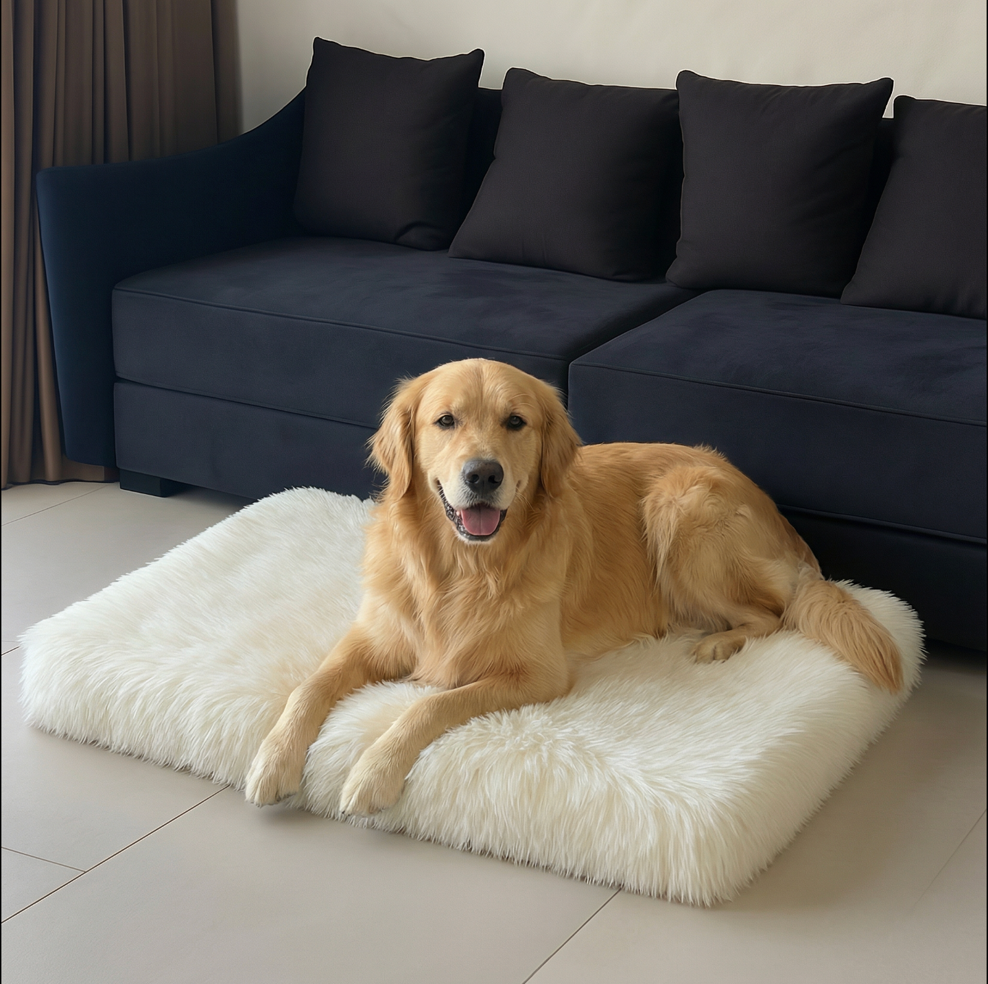 Dog lying on a fluffy white mat in front of a dark blue sofa.