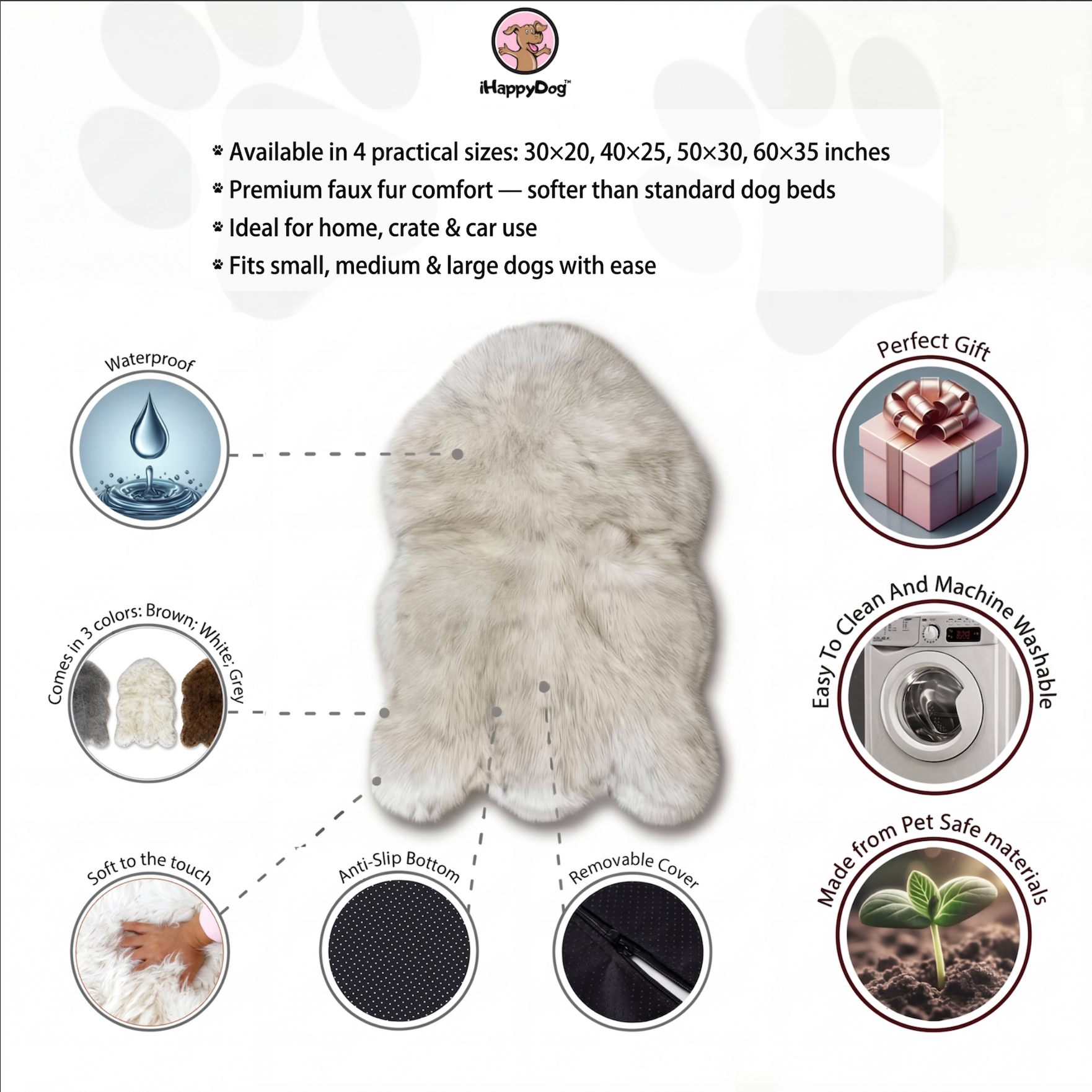 Dog bed with features and specifications on a white background