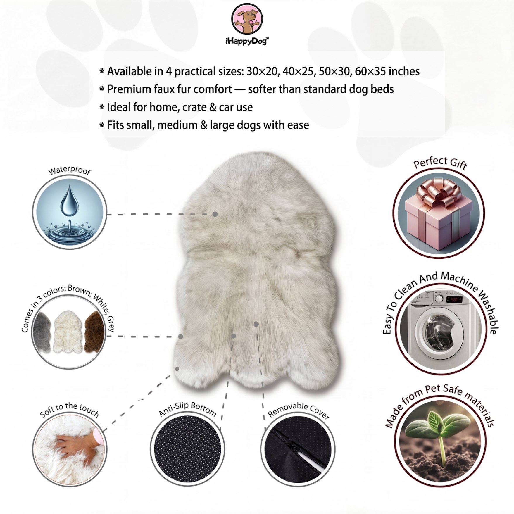 Dog bed with features and specifications on a white background
