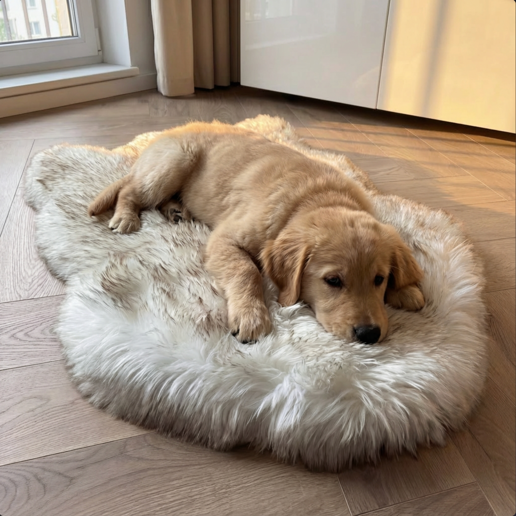 Dog lying on a fluffy white pet bed in a room with wooden flooring and a window.