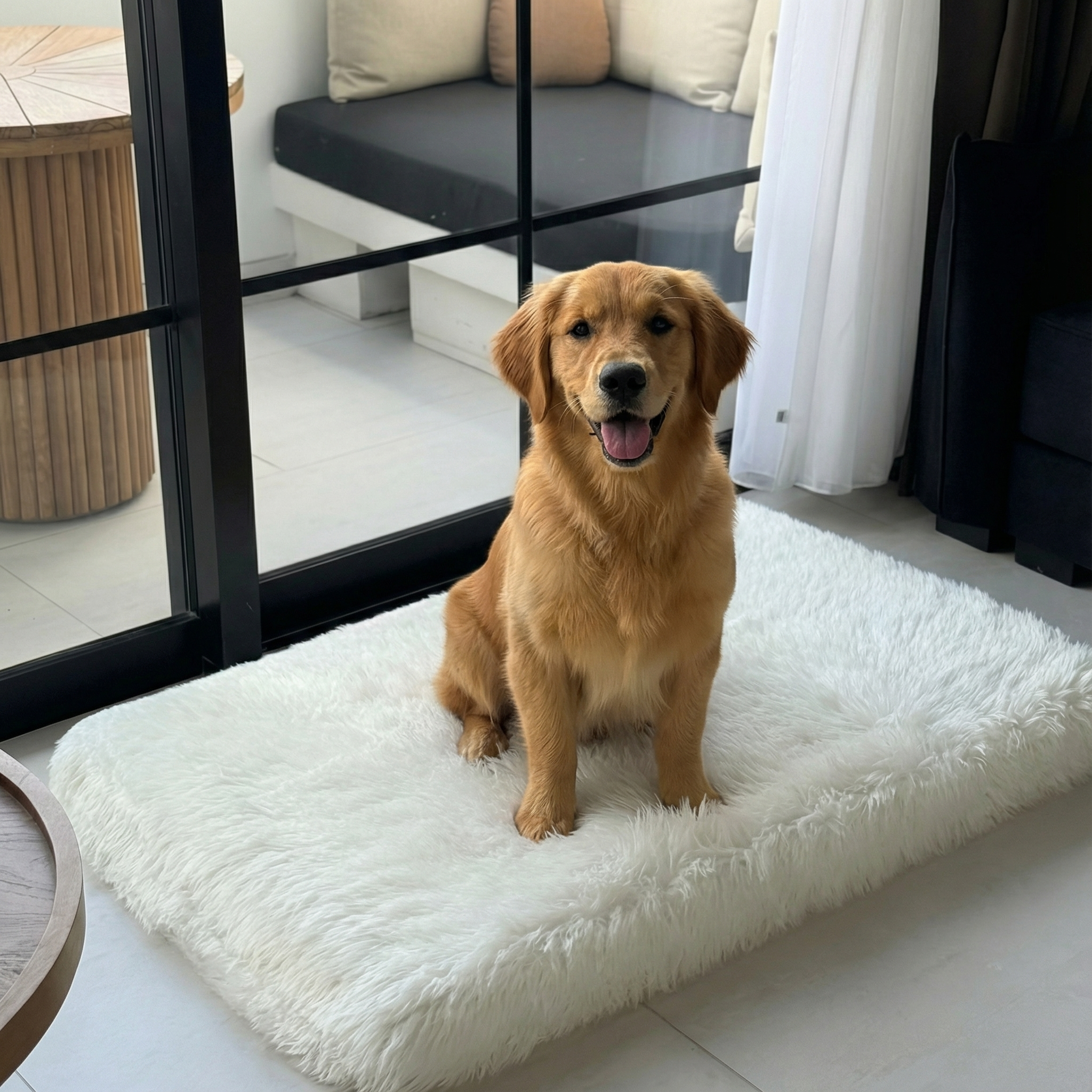 Golden retriever sitting on a white fluffy mat in a modern indoor setting.