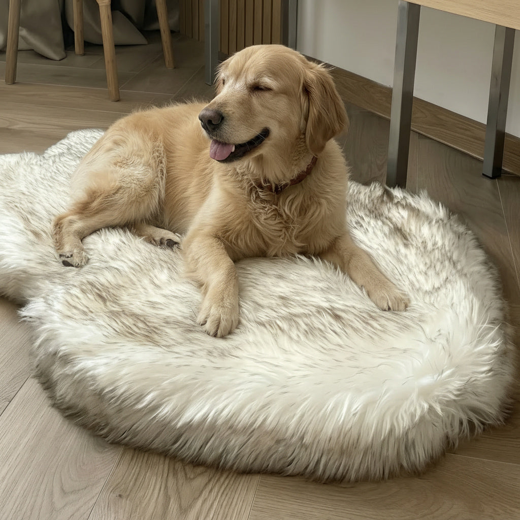 Dog lying on a fluffy white pet bed in a home setting