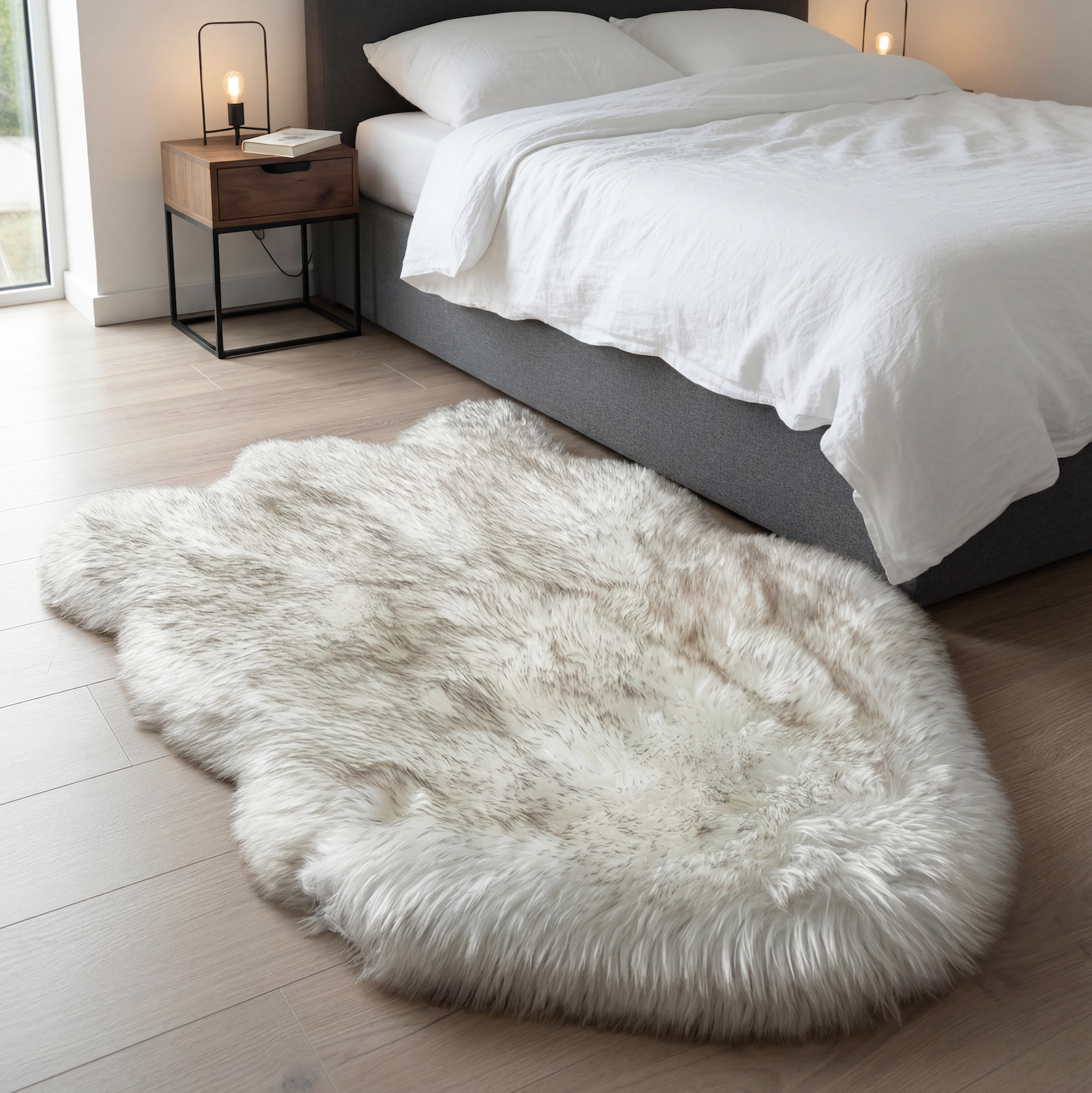 Fluffy white rug on a wooden floor in a bedroom setting.