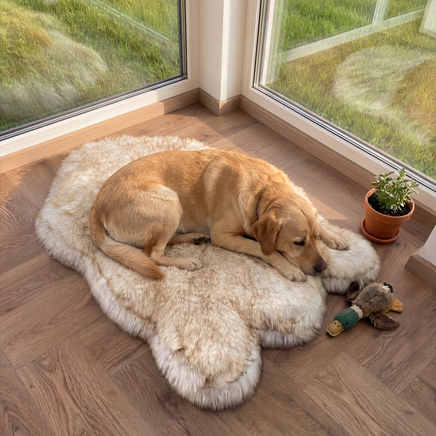 Dog lying on a fluffy rug in a room with large windows and a potted plant.