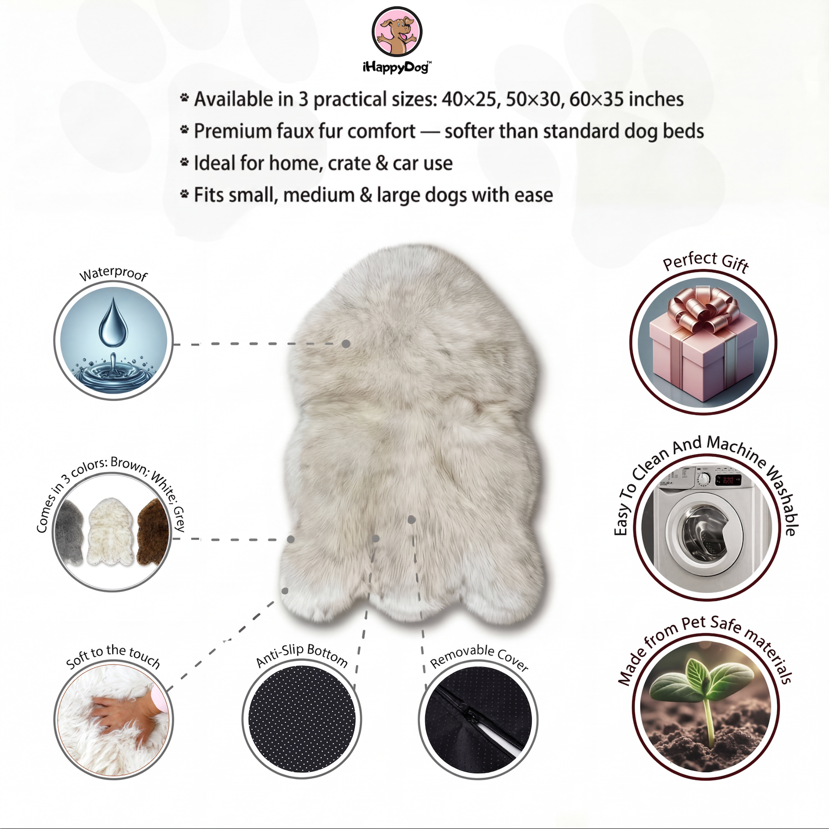 Dog bed with features and specifications on a white background