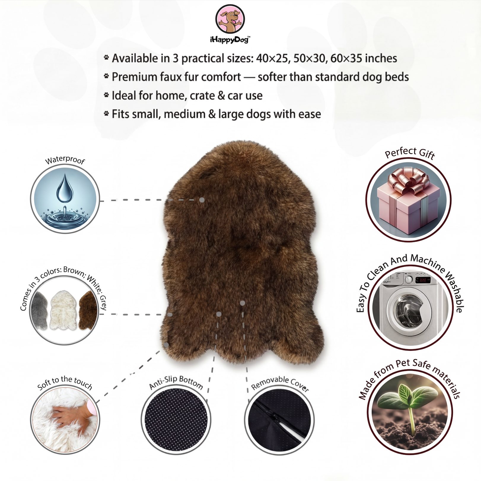 Dog bed with features and specifications on a white background