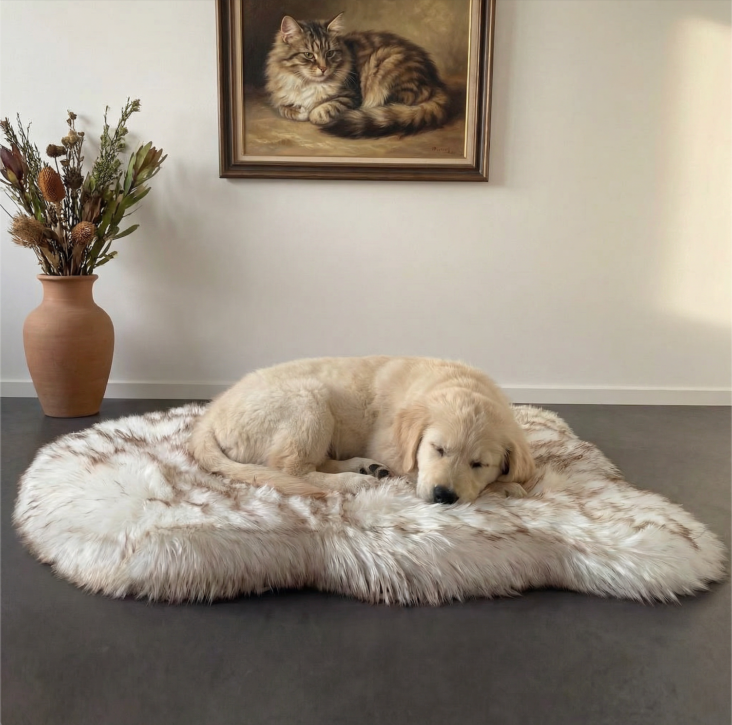 Dog lying on a fluffy pet bed in a room with a painting of a cat on the wall.