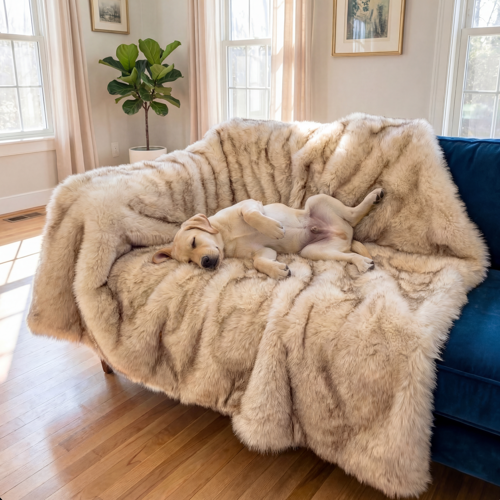 Dog lying on a fluffy beige blanket on a blue couch in a bright room with large windows.