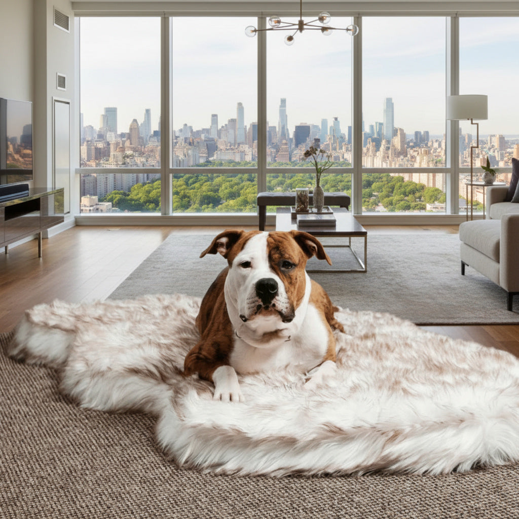 Dog lying on a fluffy rug in a modern living room with a cityscape view.