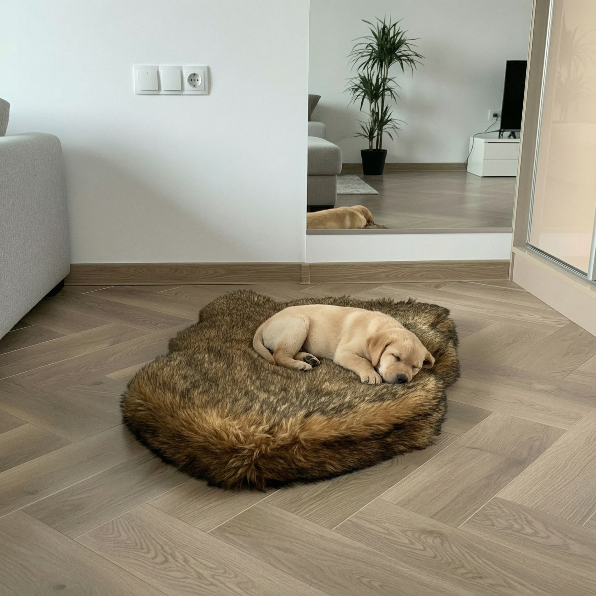 Dog sleeping on a fluffy brown pet bed in a modern living room.